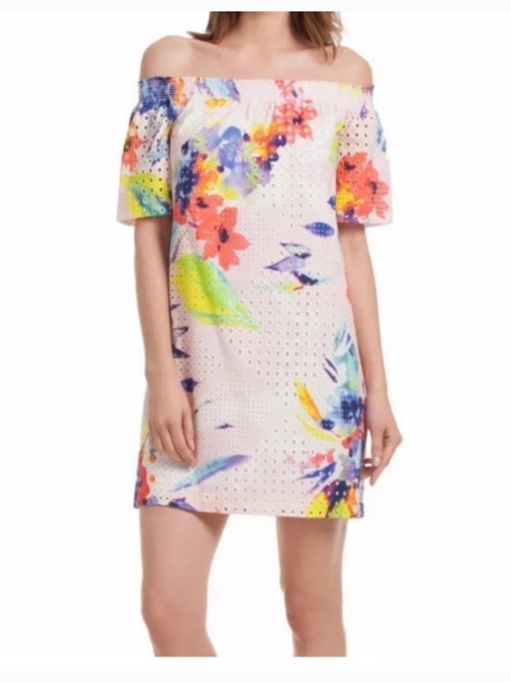 Trina Turk Savilla Off Shoulder Eyelet Floral Tropical Multicolor Dress SZ M